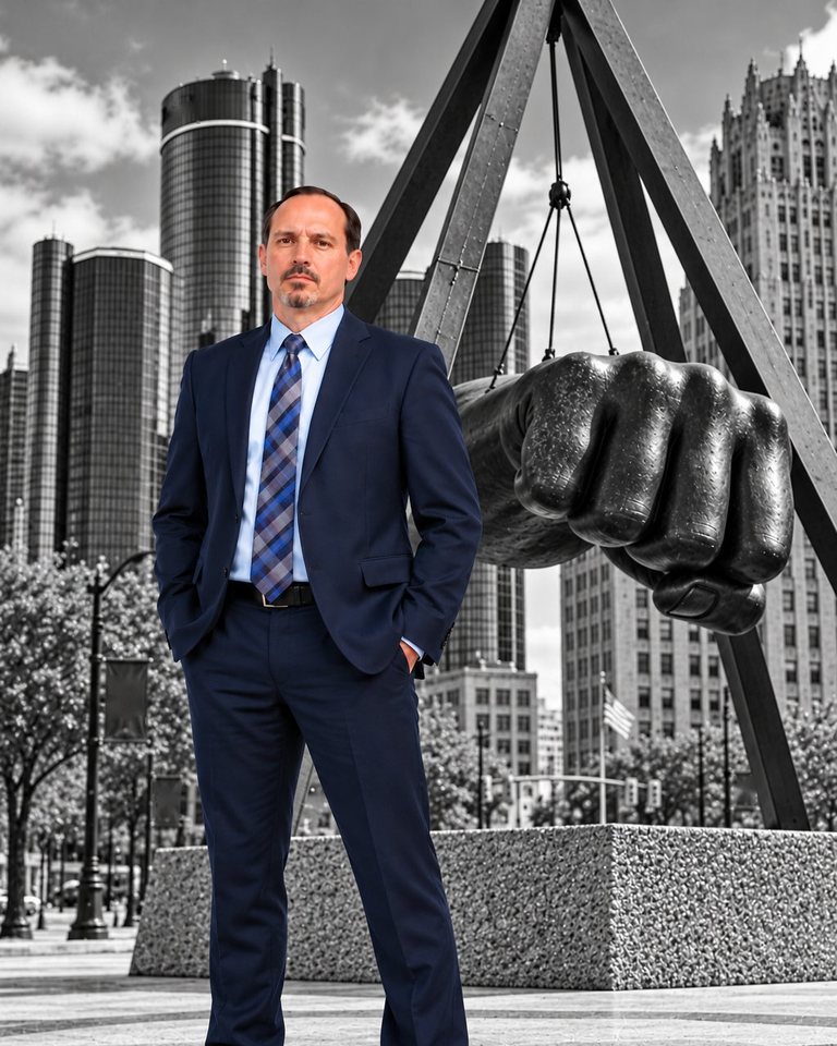 Justin Grove, attorney, in downtown Detroit beside the Joe Louis fist monument