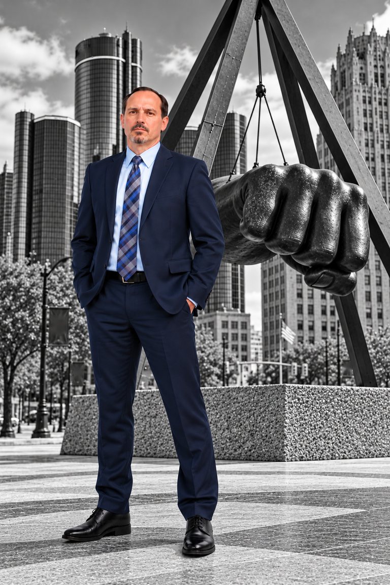 Justin Grove, attorney, in downtown Detroit beside the Joe Louis fist monument